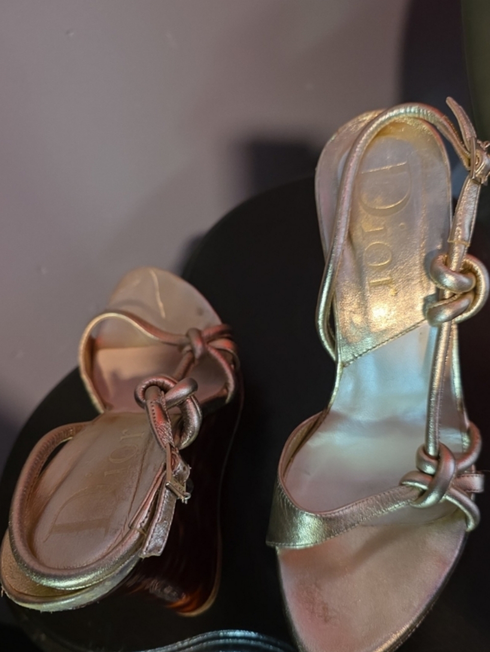 Christian Dior Gold Metallic Wedge Sandals with Tortoiseshell Platform - Picture 2 of 7